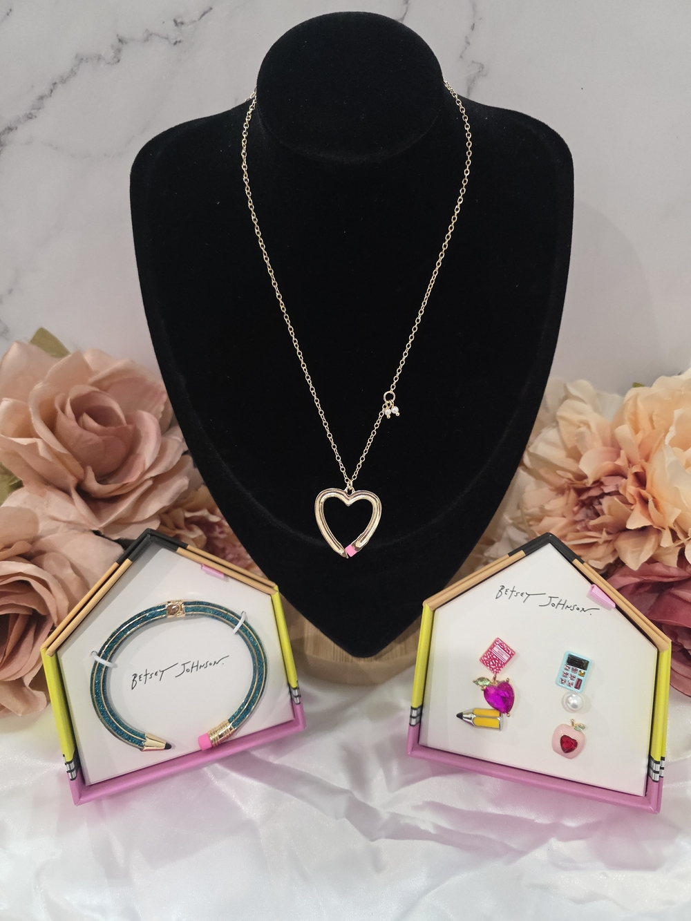 Betsey Johnson Gold Heart Pendant Necklace with Bracelet and Earrings Set